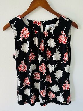 Calvin Klein Black Floral Sleeveless Top with Coral Red & Cream Accents